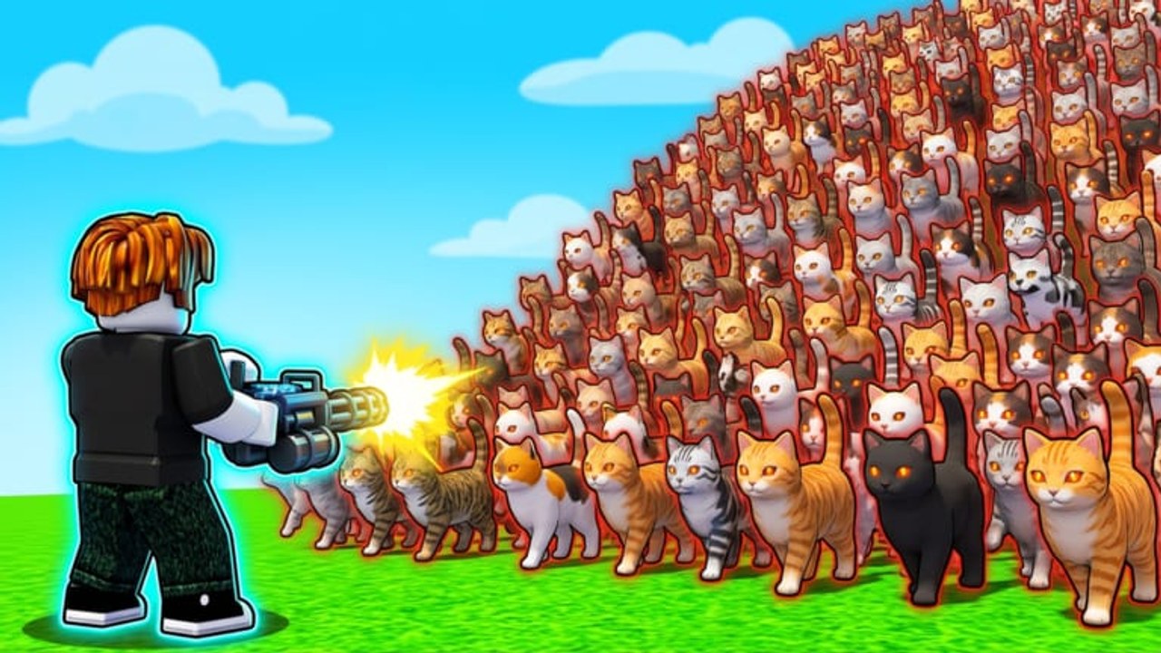 A Roblox avatar firing a ranged weapon at a charging wave of meme cats in Cat Invasion
