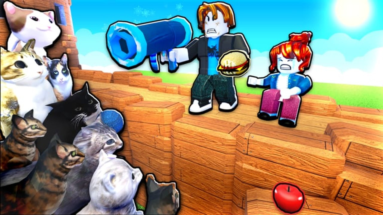 Two players standing on a wooden Cat Invasion base while meme cats climb the walls